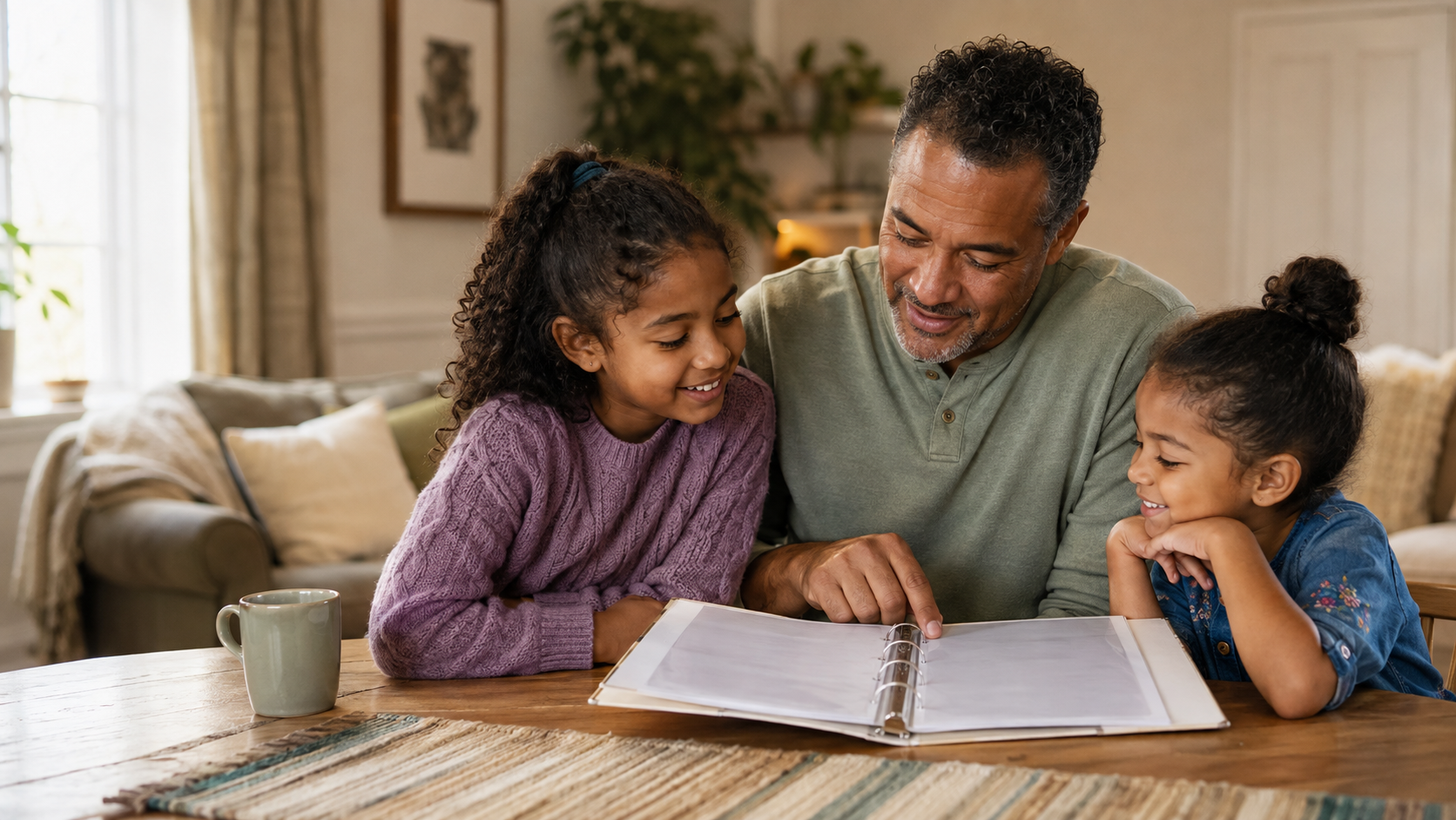 A single father and his two daughters reviewing a family readiness plan