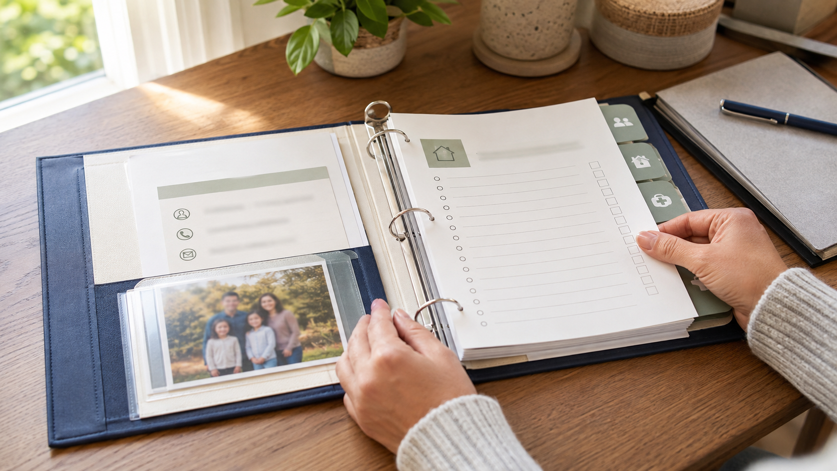 A parent organizing caregiver instructions in a family readiness binder