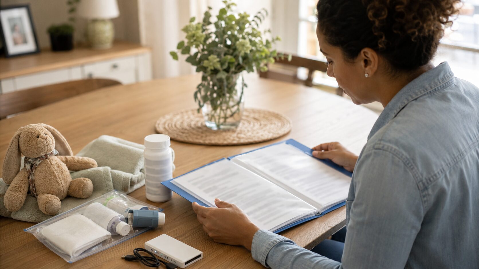 A parent organizing medication, care instructions, and emergency supplies for a child